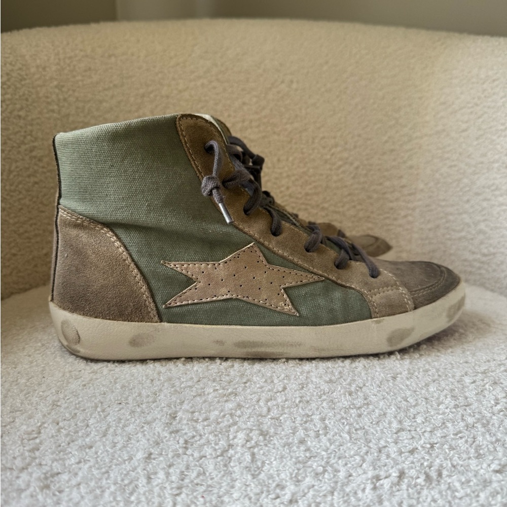 Green and Tan High-Top Sneakers